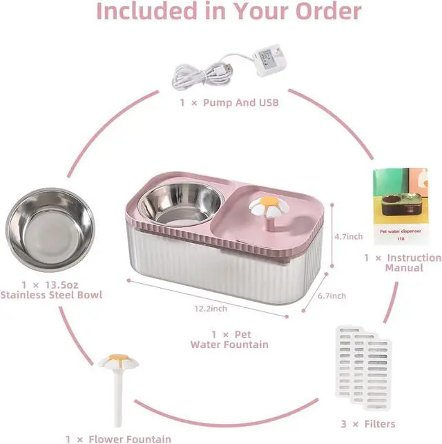 Alt view image 3 of 6 - Cat Water Fountain and Food Bowl, 3L/101oz Ultra Quiet Pet Water Dispenser with Smart Pump and 3 Replacement Filters, Automatic Flower Fountain & Stainless Steel Bowl for Dog & Cat (Pink)