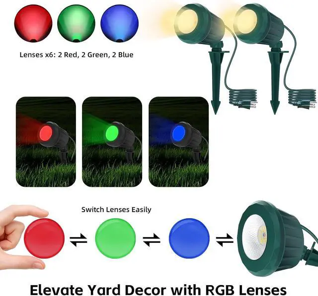Alt view image 2 of 7 - Halloween Spotlight Outdoor,2700K Warm White LED LandscapeSpot Lights with RGB 3 Lenses, IP67Waterproof, 120V Plug-in, Holiday & Everyday Decorfor Yard Garden Lawn Tree (2 Pack, Green)