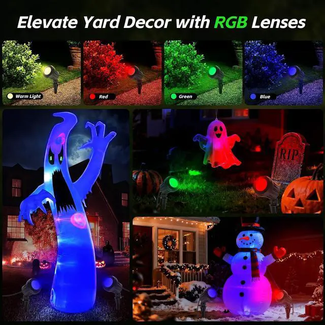 Alt view image 3 of 7 - Halloween Spotlight Outdoor,2700K Warm White LED LandscapeSpot Lights with RGB 3 Lenses, IP67Waterproof, 120V Plug-in, Holiday & Everyday Decorfor Yard Garden Lawn Tree (2 Pack, Green)