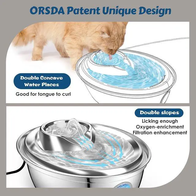 Alt view image 2 of 6 - ORSDA Stainless Steel Cat Water Fountain, Automatic Pet Drinking Fountain, 67oz/2L Dog Pet Water Dispenser with Visual Water Level Window for Cats and Small Dogs- 6 Filters +3 Pump Sponges (D36)