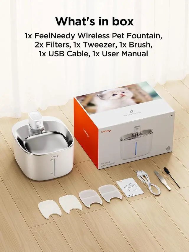 Alt view image 7 of 7 - Wireless Cat Water Fountain with Sensor, 4000mAh Battery Operated, FEELNEEDY 4L/135 fl oz Pet Water Fountain for Cats and Dogs, Ultra Quiet Cat Drinking Fountain with 2 Filters (White YPD-C004P)