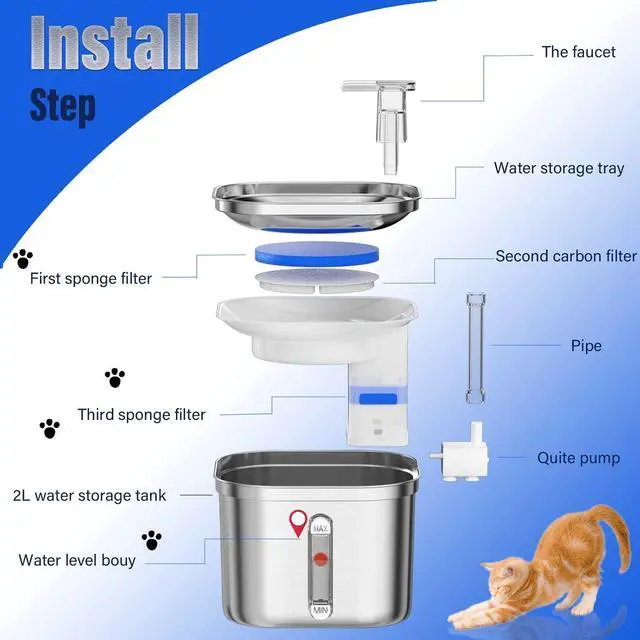 Alt view image 3 of 7 - Homtyler Cat Water Fountain, Stainless Steel Pet Water Fountain for Cats Inside, 3 Filters&Ultra-Quiet Pump, 2.2L/73oz Automatic Dog Dispenser Water Bowl, Multiple Pets Water Fountain