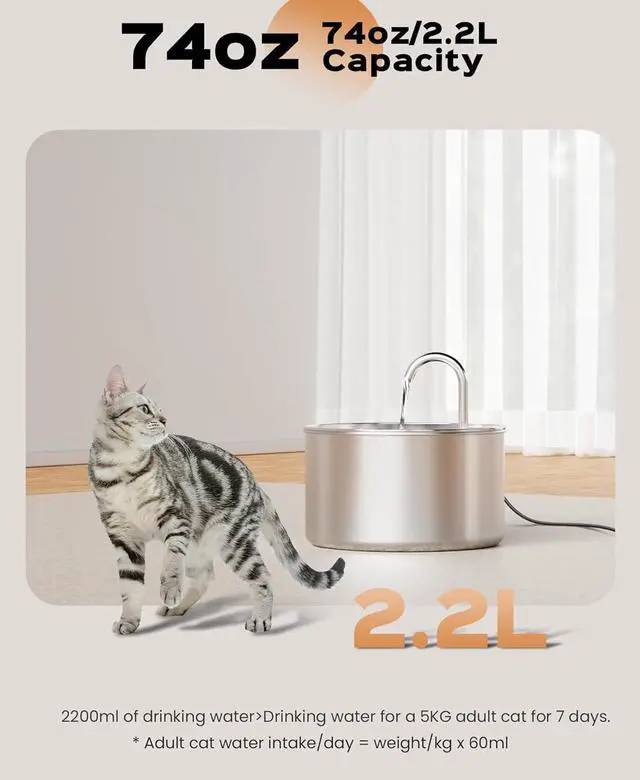 Alt view image 7 of 7 - Cat Water Fountain Stainless Steel + 8 filters + 8 Sponges - Pet Water Fountains Faucet Metal Automatic Cat/Dog Waterer Bowls Pets Watering Running Bottle Water Dispenser for Drinking Ultra Quiet Pump