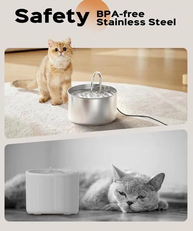 Alt view image 3 of 7 - Cat Water Fountain Stainless Steel + 8 filters + 8 Sponges - Pet Water Fountains Faucet Metal Automatic Cat/Dog Waterer Bowls Pets Watering Running Bottle Water Dispenser for Drinking Ultra Quiet Pump
