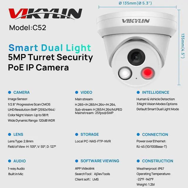 Alt view image 2 of 7 - VIKYLIN 5MP PoE IP Camera with Audio, Full Metal Turret Security Camera Outdoor with Human Vehicle Detection, Smart Dual Light Color Night Vision with 114° FOV, WDR, IP67 Waterproof,NDAA Compliant