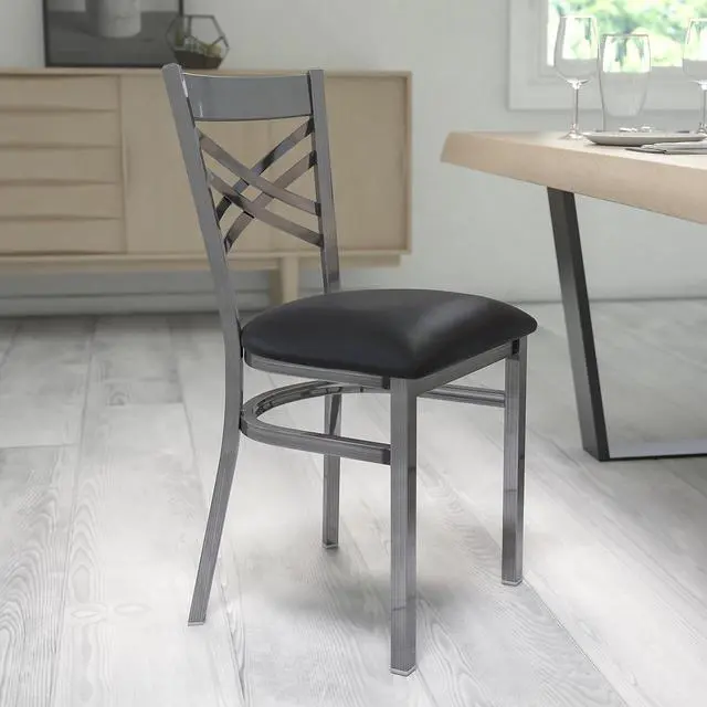 Alt view image 2 of 7 - Flash Furniture Hercules Metal Clear Coat Restaurant Chair, Black | X Back Style, Vinyl Upholstery, Durable Construction, Commercial Use