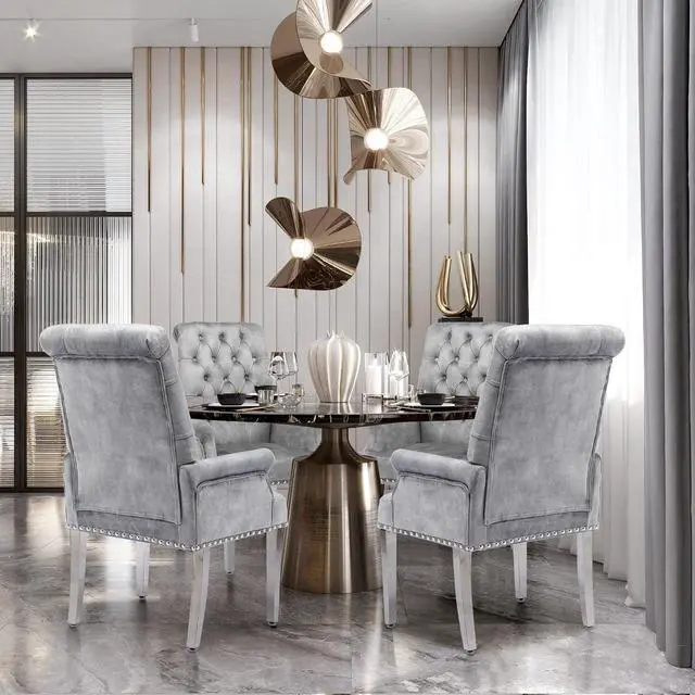 Alt view image 7 of 7 - LOULENS Velvet Dining Chairs Set of 2, Dining Chairs with Arms, Grey | Upholstered, High Back, Tufted, Luxurious, Stainless Steel Leg, for Kitchen & Dining Room