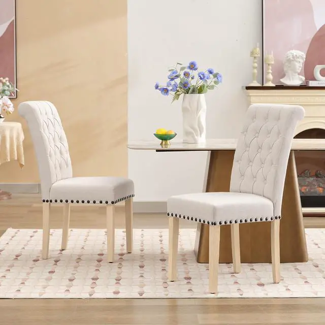 Alt view image 2 of 7 - LOULENS Fabric Dining Chairs Set of 2, Upholstered Kitchen Chairs, Beige | Linen, Solid Wood Legs, Parson Chairs, Nailheads Trim, Tufted, Kitchen & Dining Room