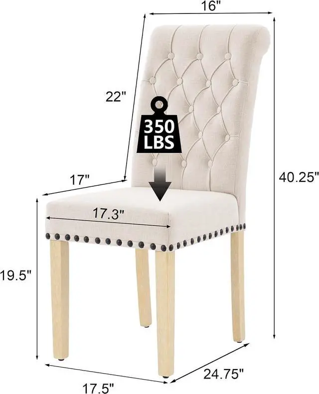 Alt view image 3 of 7 - LOULENS Fabric Dining Chairs Set of 2, Upholstered Kitchen Chairs, Beige | Linen, Solid Wood Legs, Parson Chairs, Nailheads Trim, Tufted, Kitchen & Dining Room