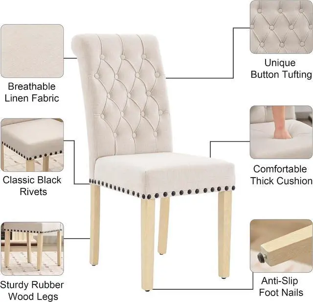 Alt view image 4 of 7 - LOULENS Fabric Dining Chairs Set of 2, Upholstered Kitchen Chairs, Beige | Linen, Solid Wood Legs, Parson Chairs, Nailheads Trim, Tufted, Kitchen & Dining Room