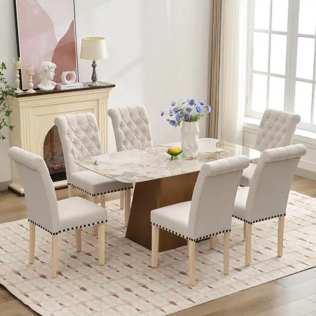 Alt view image 6 of 7 - LOULENS Fabric Dining Chairs Set of 2, Upholstered Kitchen Chairs, Beige | Linen, Solid Wood Legs, Parson Chairs, Nailheads Trim, Tufted, Kitchen & Dining Room