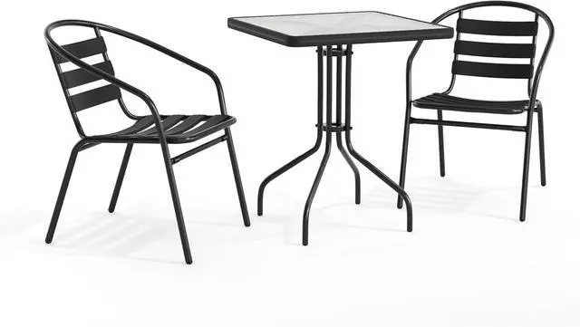 Main image of Flash Furniture Lila 23.5'' Square Glass Metal Table with 2 Black Metal Aluminum Slat Stack Chairs | Durable Construction, Commercial Use