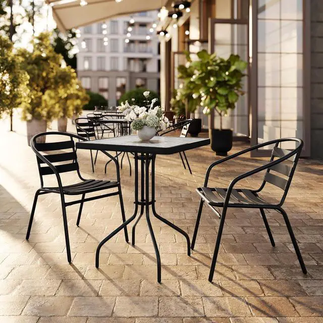 Alt view image 2 of 7 - Flash Furniture Lila 23.5'' Square Glass Metal Table with 2 Black Metal Aluminum Slat Stack Chairs | Durable Construction, Commercial Use