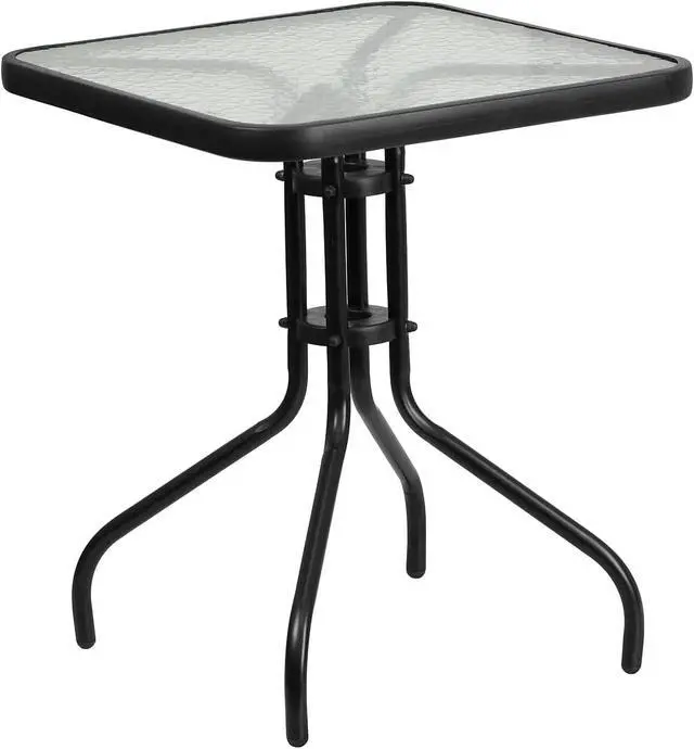 Alt view image 4 of 7 - Flash Furniture Lila 23.5'' Square Glass Metal Table with 2 Black Metal Aluminum Slat Stack Chairs | Durable Construction, Commercial Use