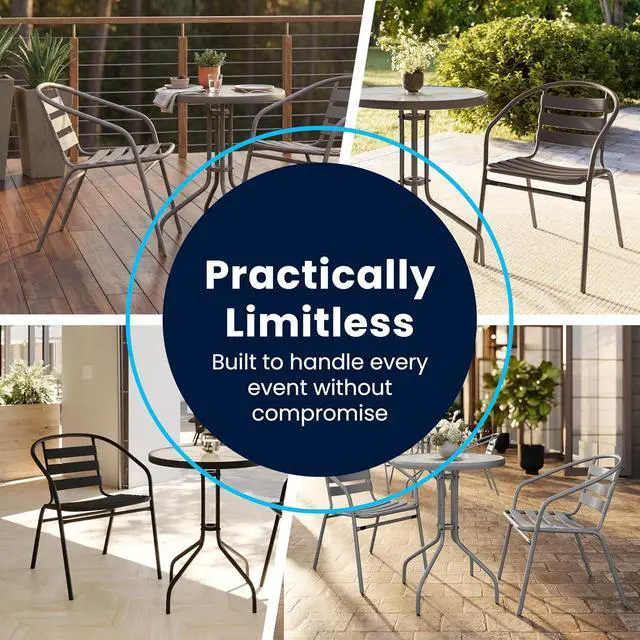 Alt view image 7 of 7 - Flash Furniture Lila 23.5'' Square Glass Metal Table with 2 Black Metal Aluminum Slat Stack Chairs | Durable Construction, Commercial Use