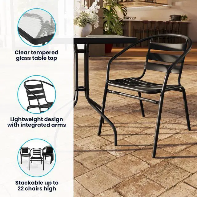 Alt view image 3 of 7 - Flash Furniture Lila 23.5'' Square Glass Metal Table with 2 Black Metal Aluminum Slat Stack Chairs | Durable Construction, Commercial Use