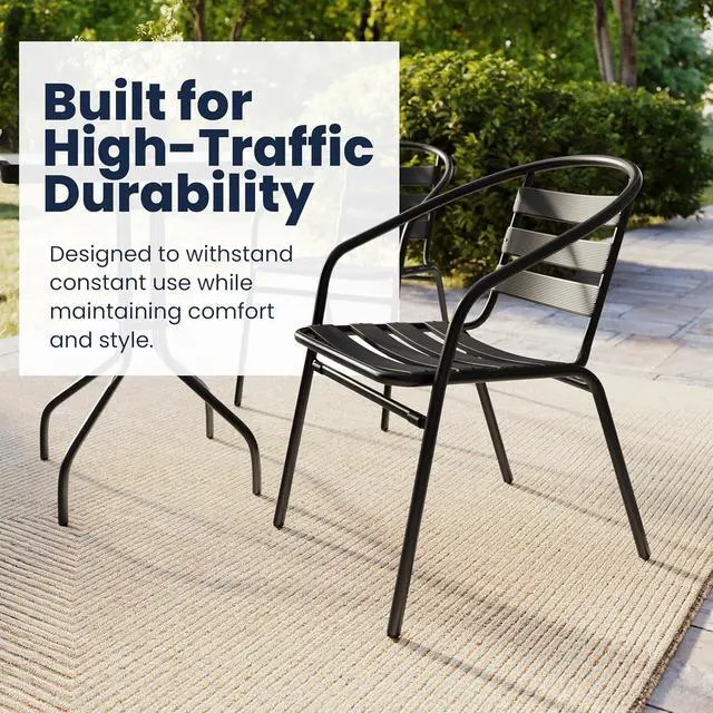 Alt view image 5 of 7 - Flash Furniture Lila 23.5'' Square Glass Metal Table with 2 Black Metal Aluminum Slat Stack Chairs | Durable Construction, Commercial Use