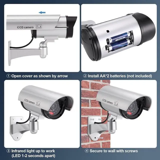 Alt view image 4 of 7 - FITNATE 4-Pack Dummy Security Camera, LED Flashing Light, Outdoor Indoor | Realistic Dummy with Flashing LED, 4 Warning Stickers, Battery Operated, Easy Mount for Home, Office, Outdoor & Indoor