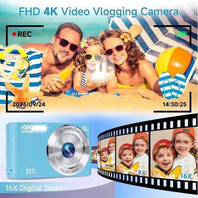 Alt view image 2 of 7 - SMARTKLIK Digital Camera for Teens, FHD 4K 44MP with 64GB SD Card, 16X Digital Zoom, Compact Point Shoot Camera Blue