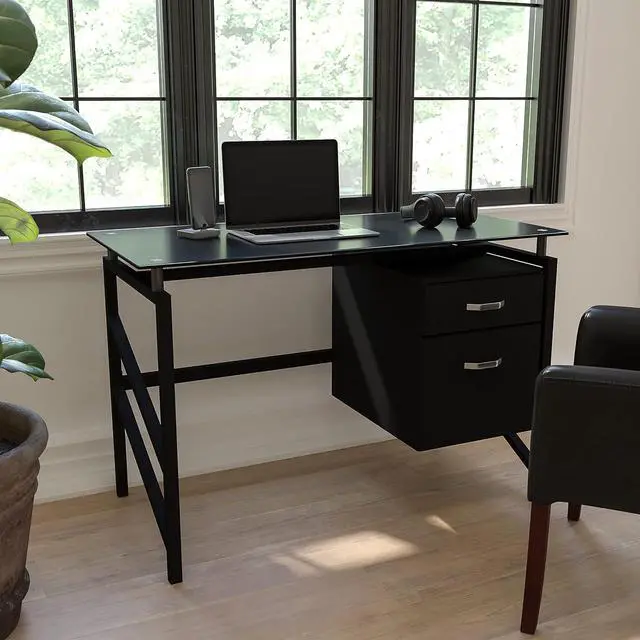 Alt view image 2 of 5 - Flash Furniture Singleton Glass Desk with Two Drawer Pedestal,Black | Tempered Glass Surface, Hanging Box/File Pedestal