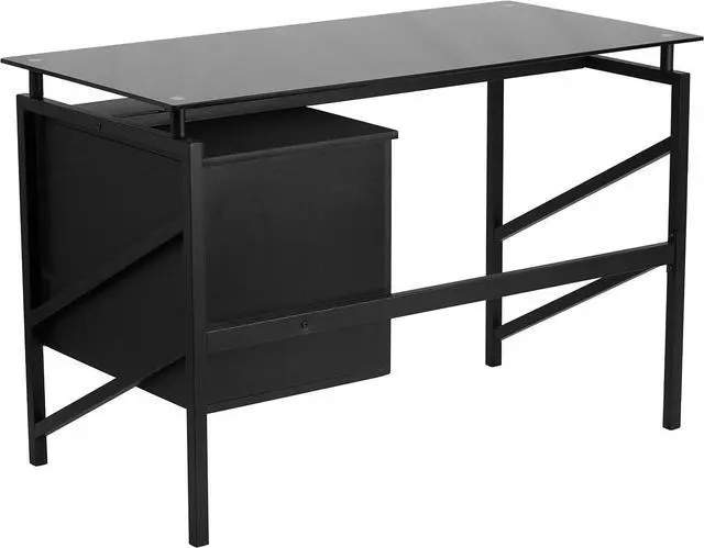 Alt view image 4 of 5 - Flash Furniture Singleton Glass Desk with Two Drawer Pedestal,Black | Tempered Glass Surface, Hanging Box/File Pedestal