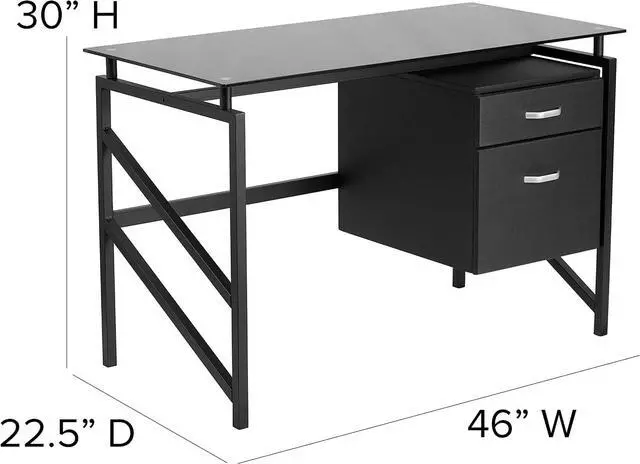 Alt view image 3 of 5 - Flash Furniture Singleton Glass Desk with Two Drawer Pedestal,Black | Tempered Glass Surface, Hanging Box/File Pedestal