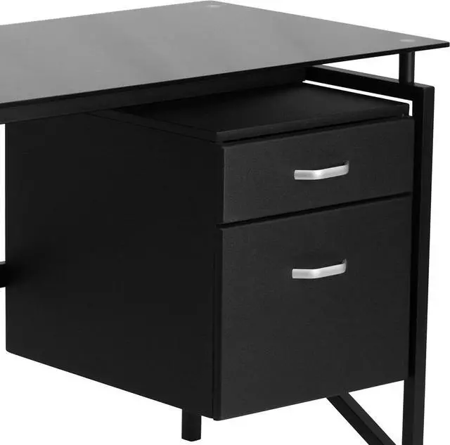 Alt view image 5 of 5 - Flash Furniture Singleton Glass Desk with Two Drawer Pedestal,Black | Tempered Glass Surface, Hanging Box/File Pedestal