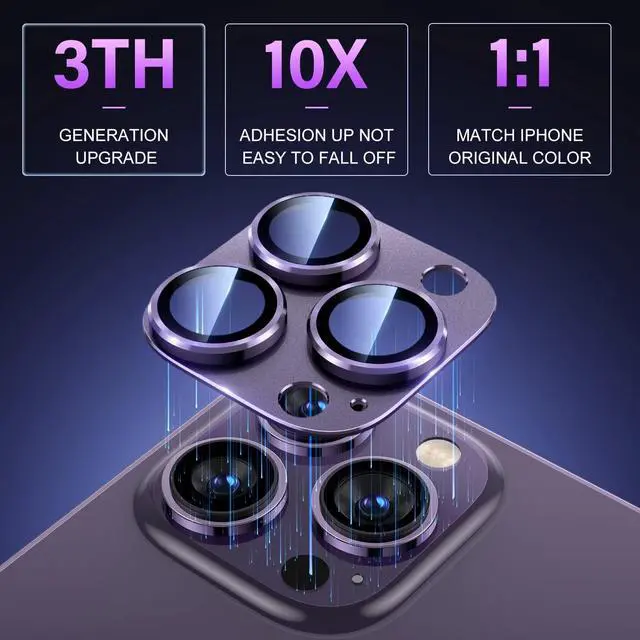 Alt view image 2 of 7 - Uyiton for iPhone 14 Pro/iPhone 14 Pro Max Camera Lens Protector | Case-Friendly, Not Easy to Break, Military-Grade Sapphire Glass with Aluminum Metal Rear Camera Screen Cover, Purple