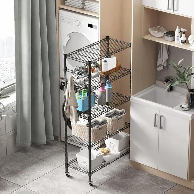 Alt view image 5 of 7 - Homdox 5 Tier Metal Storage Shelves with Wheels, Heavy Duty Wire Shelving Unit, Adjustable Storage Racks with Side Hooks for Bathroom Kitchen Garage Pantry Organization, Black