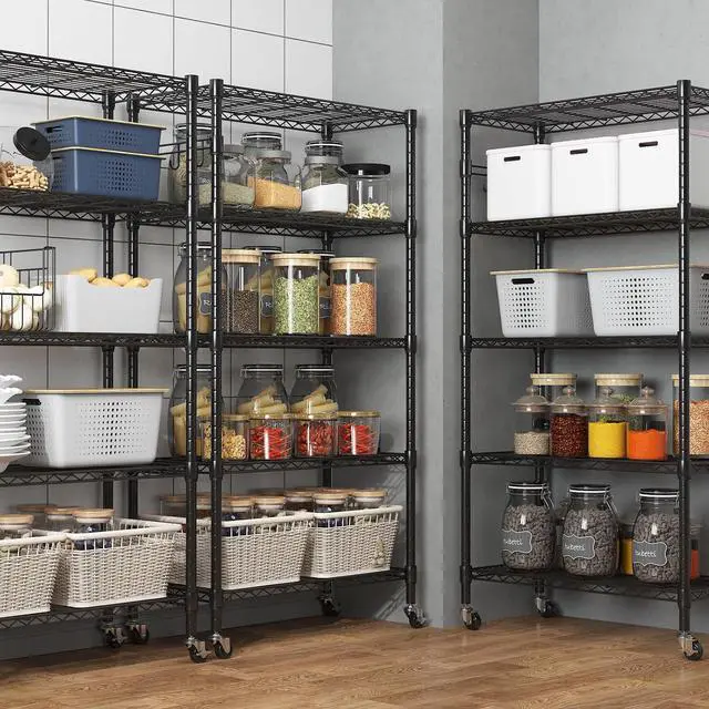 Alt view image 6 of 7 - Homdox 5 Tier Metal Storage Shelves with Wheels, Heavy Duty Wire Shelving Unit, Adjustable Storage Racks with Side Hooks for Bathroom Kitchen Garage Pantry Organization, Black