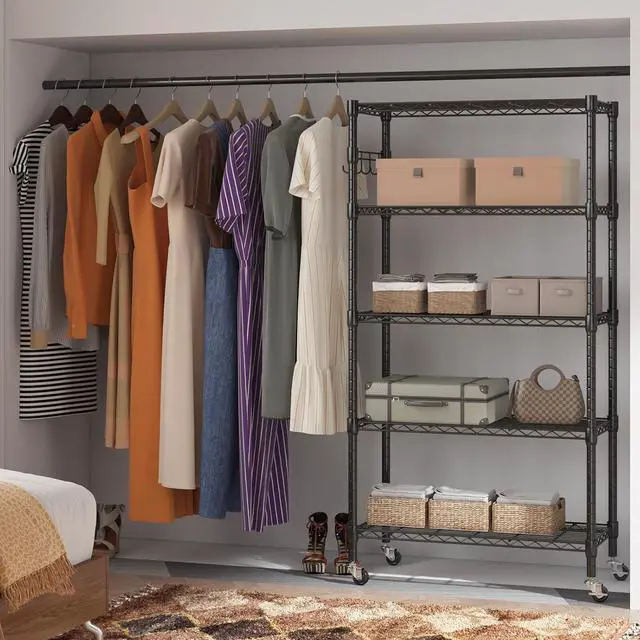 Alt view image 7 of 7 - Homdox 5 Tier Metal Storage Shelves with Wheels, Heavy Duty Wire Shelving Unit, Adjustable Storage Racks with Side Hooks for Bathroom Kitchen Garage Pantry Organization, Black