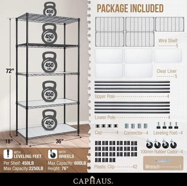 Alt view image 3 of 7 - CAPHAUS NSF Commercial Grade Heavy Duty Wire Shelving w/Wheels, Leveling Feet & Liners, Storage Metal Shelf, Garage Shelving, Utility Wire Rack Storage Shelves, w/Liner, 36 x 18 x 76 5-Tier