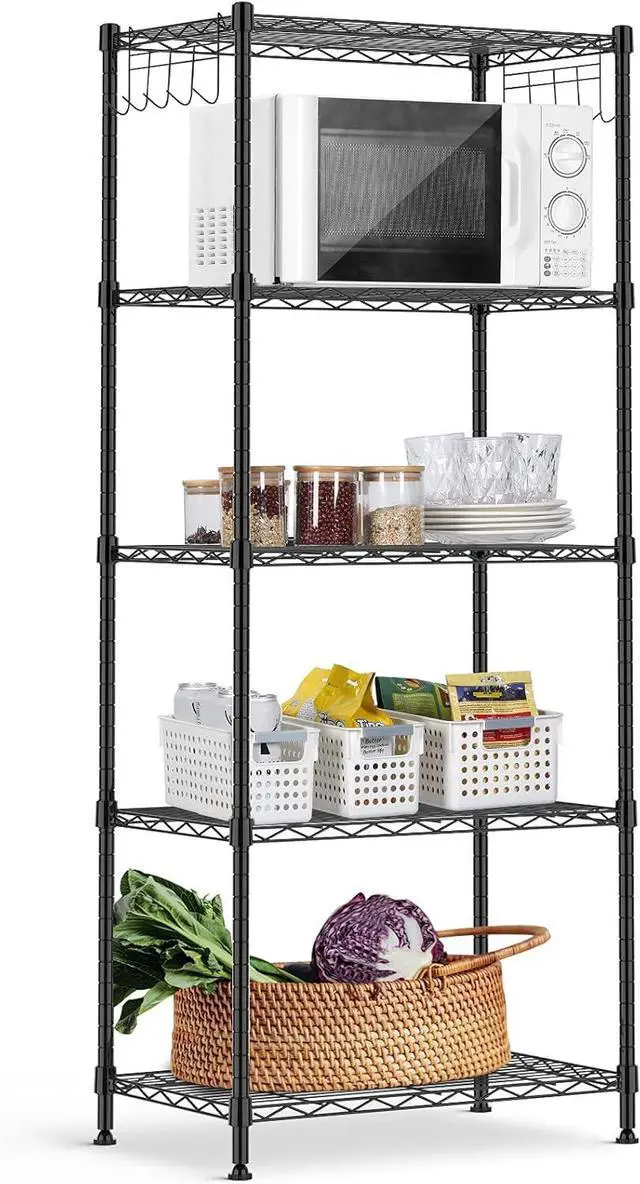 Main image of ALVOROG 5-Shelf Shelving Storage Unit Multipurpose Heavy Duty Metal Pantry Storage Shelves Wire Rack with Leveling Feet and Hooks Adjustable Shelves for Bathroom Kitchen Garage (23.2Lx13.4Wx59.1H)