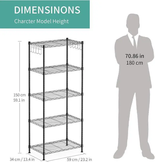 Alt view image 3 of 7 - ALVOROG 5-Shelf Shelving Storage Unit Multipurpose Heavy Duty Metal Pantry Storage Shelves Wire Rack with Leveling Feet and Hooks Adjustable Shelves for Bathroom Kitchen Garage (23.2Lx13.4Wx59.1H)