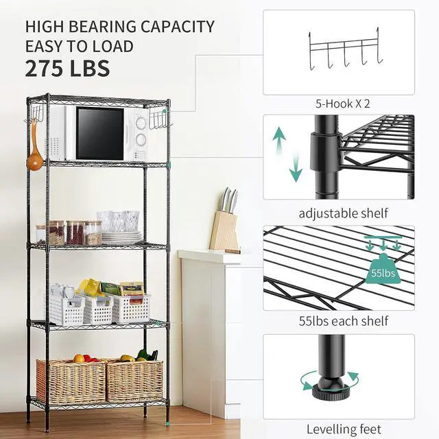 Alt view image 5 of 7 - ALVOROG 5-Shelf Shelving Storage Unit Multipurpose Heavy Duty Metal Pantry Storage Shelves Wire Rack with Leveling Feet and Hooks Adjustable Shelves for Bathroom Kitchen Garage (23.2Lx13.4Wx59.1H)