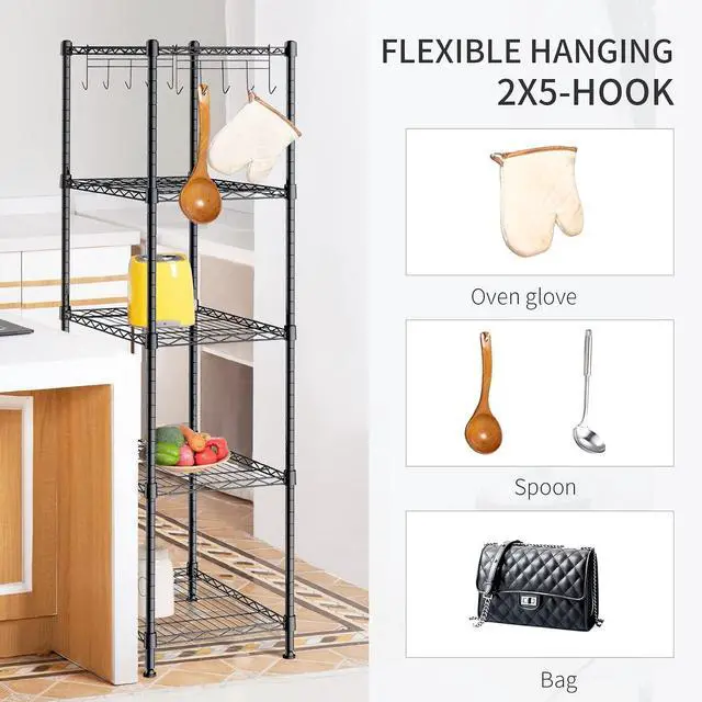 Alt view image 6 of 7 - ALVOROG 5-Shelf Shelving Storage Unit Multipurpose Heavy Duty Metal Pantry Storage Shelves Wire Rack with Leveling Feet and Hooks Adjustable Shelves for Bathroom Kitchen Garage (23.2Lx13.4Wx59.1H)