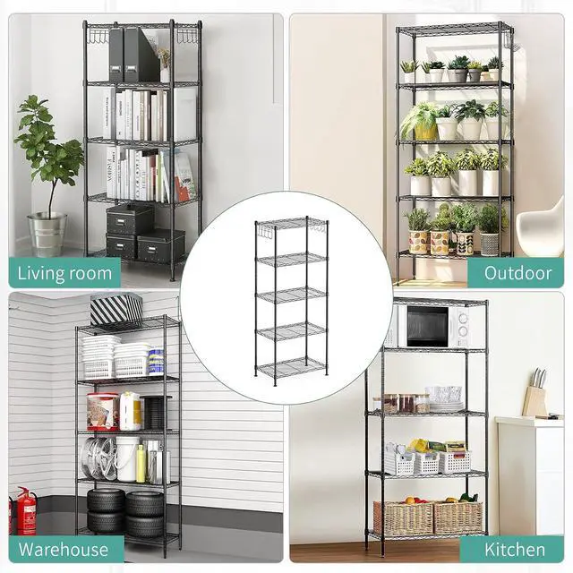 Alt view image 7 of 7 - ALVOROG 5-Shelf Shelving Storage Unit Multipurpose Heavy Duty Metal Pantry Storage Shelves Wire Rack with Leveling Feet and Hooks Adjustable Shelves for Bathroom Kitchen Garage (23.2Lx13.4Wx59.1H)