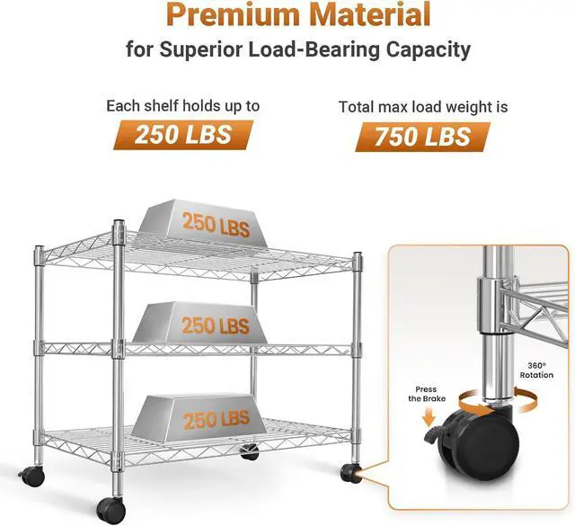 Alt view image 5 of 6 - YSSOA 3-Tier Heavy Duty Storage Shelves 750Lb Capacity, 24.02" D x 13.78" W x 21.97" H Shelving Unit for Pantry, Garage, Laundry and Kitchen, Chrome