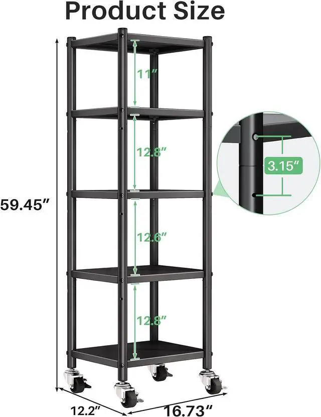 Alt view image 2 of 7 - PXRACK 5-Tier Kitchen Storage Shelves, Adjustable Metal Shelves for Storage Pantry Shelves with Rolling Wheels, Storage Rack Shelving Unit Organizer for Bedroom Laundry Closet
