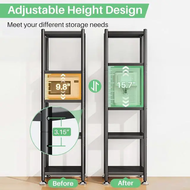 Alt view image 3 of 7 - PXRACK 5-Tier Kitchen Storage Shelves, Adjustable Metal Shelves for Storage Pantry Shelves with Rolling Wheels, Storage Rack Shelving Unit Organizer for Bedroom Laundry Closet