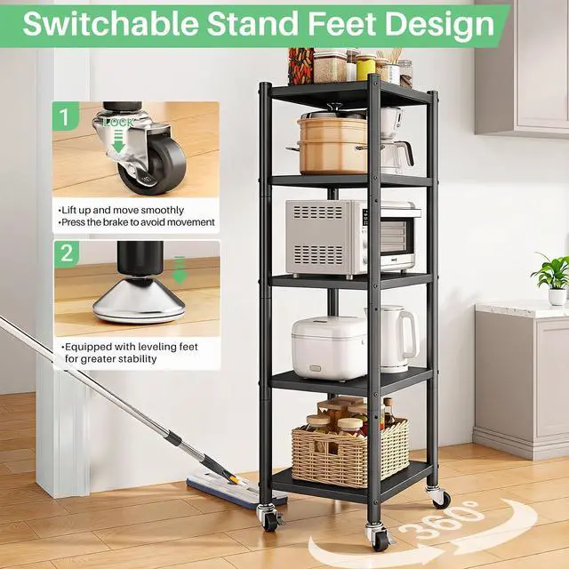 Alt view image 5 of 7 - PXRACK 5-Tier Kitchen Storage Shelves, Adjustable Metal Shelves for Storage Pantry Shelves with Rolling Wheels, Storage Rack Shelving Unit Organizer for Bedroom Laundry Closet