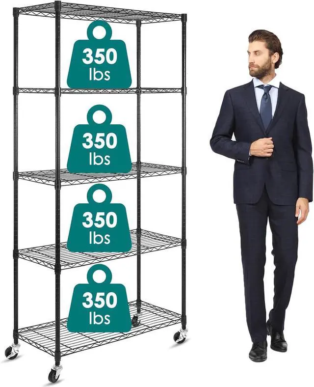 Main image of WDT 5-Shelf Shelving Units on Wheels Casters, Adjustable Heavy Duty Metal Shelf Wire Storage Rack for Home Office Garage Kitchen Bathroom Organization(16Wx36Dx75H), Black