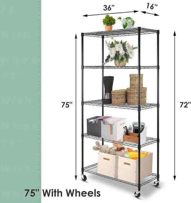 Alt view image 2 of 7 - WDT 5-Shelf Shelving Units on Wheels Casters, Adjustable Heavy Duty Metal Shelf Wire Storage Rack for Home Office Garage Kitchen Bathroom Organization(16Wx36Dx75H), Black