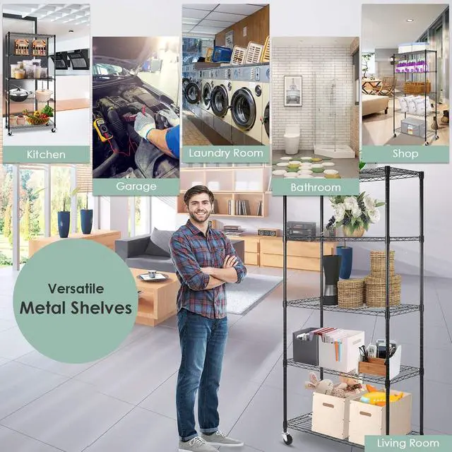 Alt view image 6 of 7 - WDT 5-Shelf Shelving Units on Wheels Casters, Adjustable Heavy Duty Metal Shelf Wire Storage Rack for Home Office Garage Kitchen Bathroom Organization(16Wx36Dx75H), Black