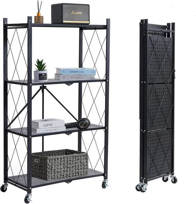 Main image of BRIAN & DANY 4-Tier Foldable Storage Shelves with Wheels, Folding Metal Rack Shelving Unit, Heavy Duty No Assembly Organizer Shelf for Garage, Kitchen, Basement, Pantry, Black