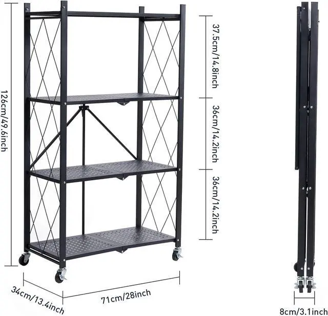 Alt view image 3 of 6 - BRIAN & DANY 4-Tier Foldable Storage Shelves with Wheels, Folding Metal Rack Shelving Unit, Heavy Duty No Assembly Organizer Shelf for Garage, Kitchen, Basement, Pantry, Black
