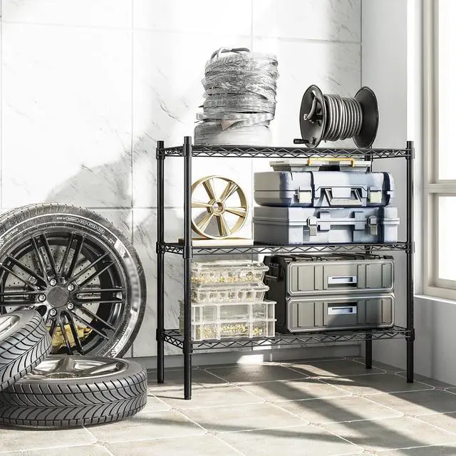 Alt view image 2 of 7 - Auslar 3-Tier Heavy Duty Wire Shelving Adjustable Metal Storage Rack Black