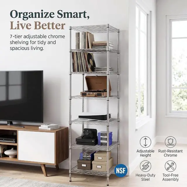 Alt view image 4 of 7 - Finnhomy Heavy Duty 7 Tier Wire Shelving, 18x18x72 inches 7 Shelves Storage Rack with Thicken Steel Tube, Pantry Shelves for Storage, Adjustable Metal Shelving Unit, NSF Certified, Chrome