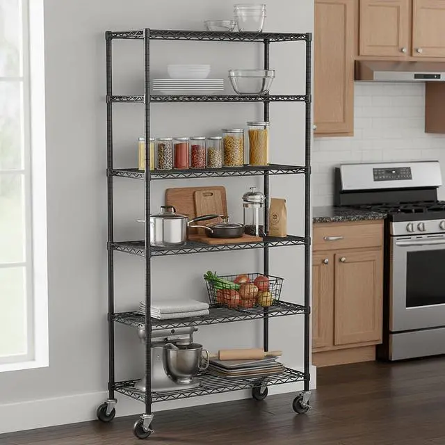 Alt view image 2 of 7 - Folews 6-Tier Metal Storage Shelf with Wheels NSF Wire Shelving Unit, Black