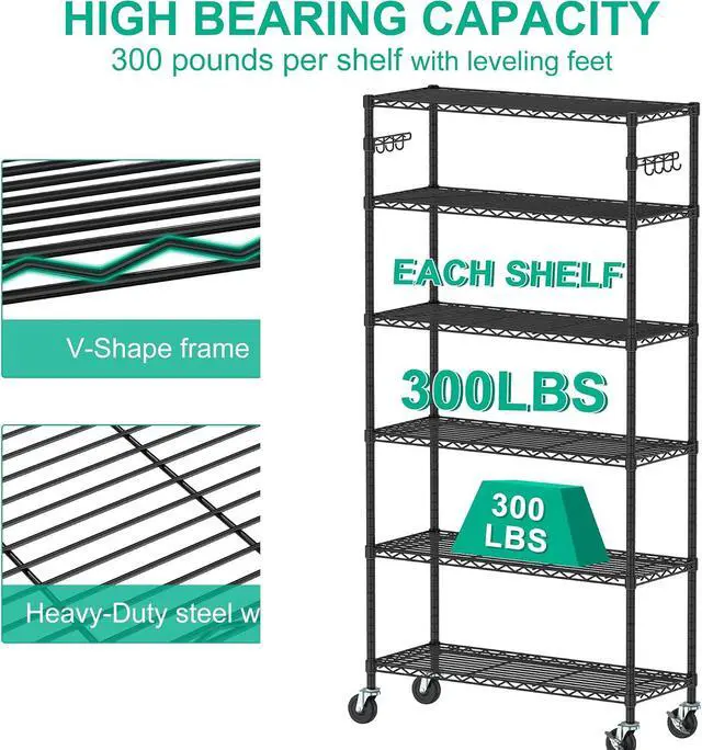 Alt view image 4 of 7 - Folews 6-Tier Metal Storage Shelf with Wheels NSF Wire Shelving Unit, Black